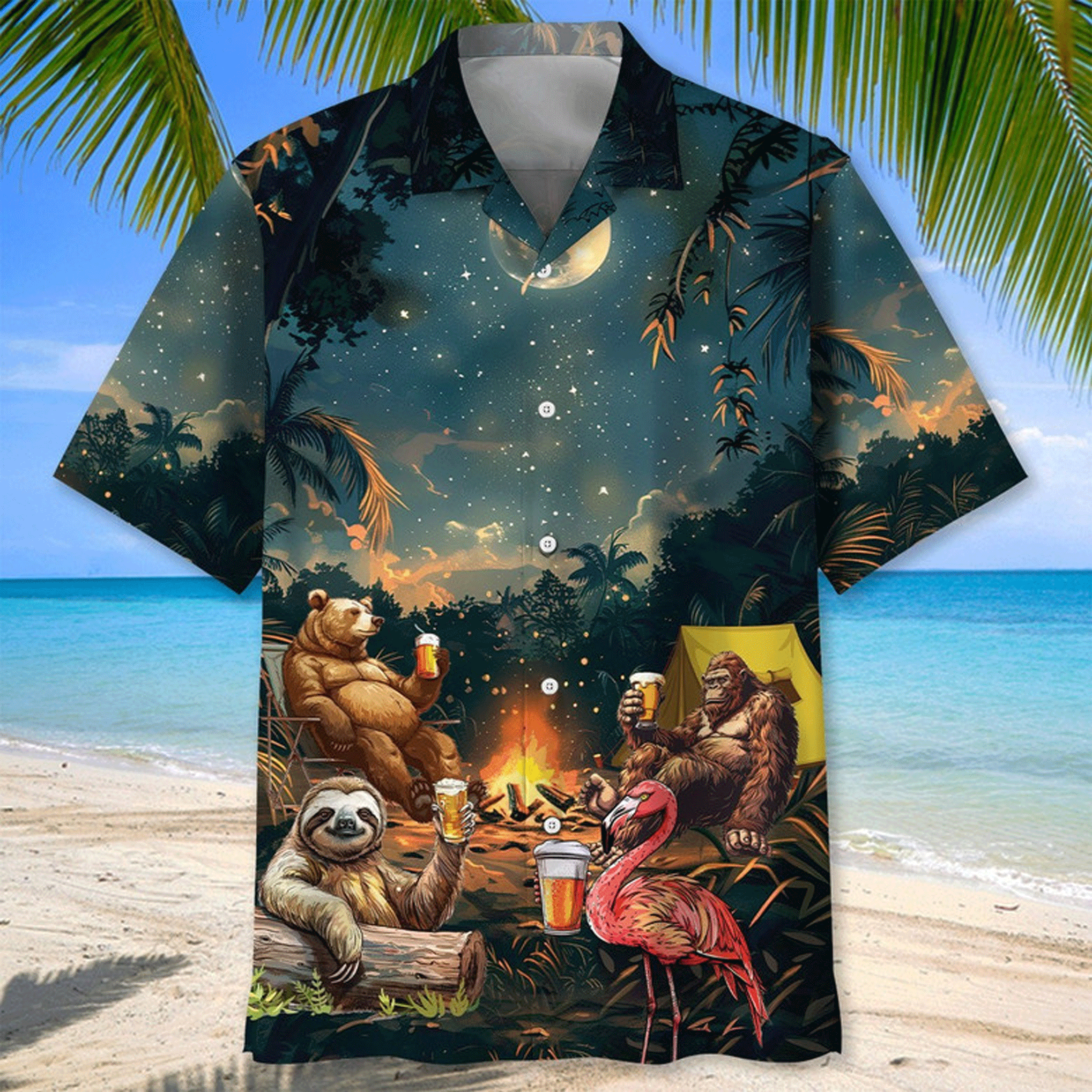 Funny Animal Camping Hawaiian Shirt  Bigfoot Bear Sloth Flamingo Beer Aloha Button Down