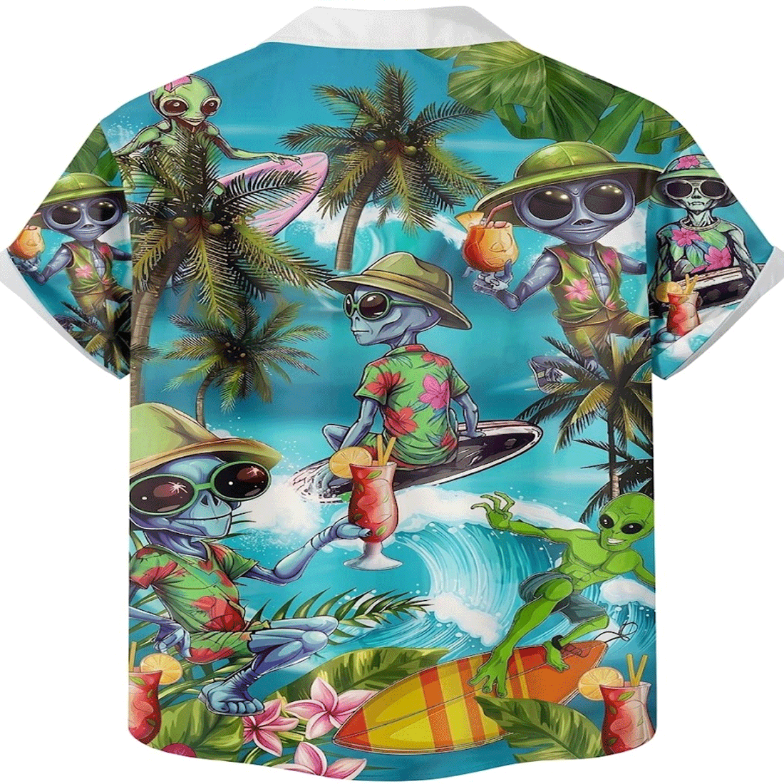 Funny Alien Surfing Hawaiian Shirt  Tropical UFO Aloha Button Down Summer Beach Party Shirt