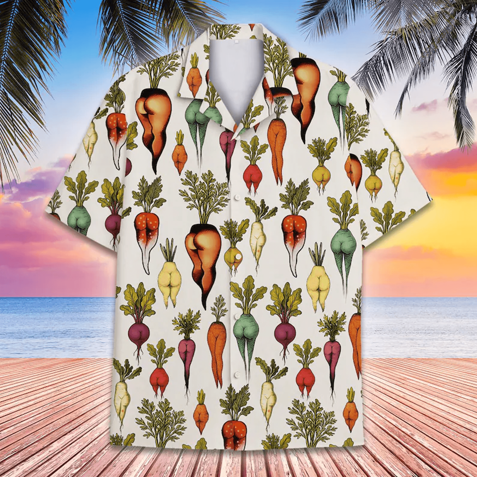 Funny Vegetable Butt Hawaiian Shirt Tropical Garden Aloha Shirt Summer Beach Button Down for Men Women Youth