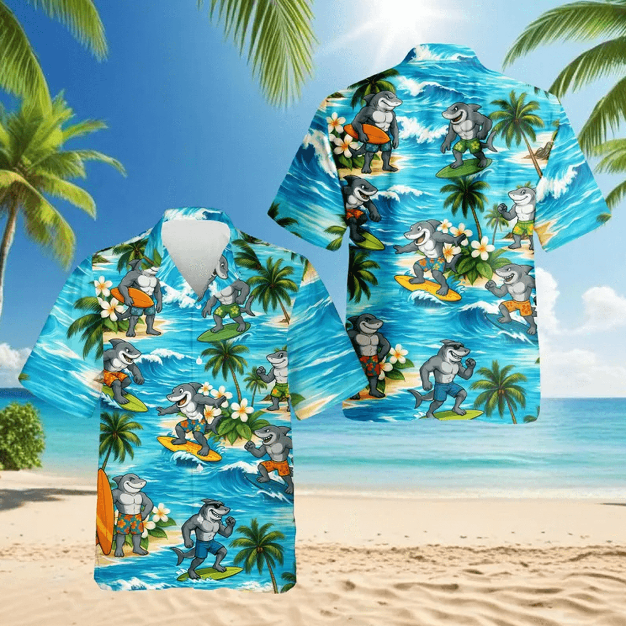 Funny Surfing Shark Hawaiian Shirt Tropical Aloha Button Down Summer Beach Party Shirt