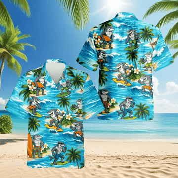 Funny Surfing Shark Hawaiian Shirt Tropical Aloha Button Down Summer Beach Party Shirt