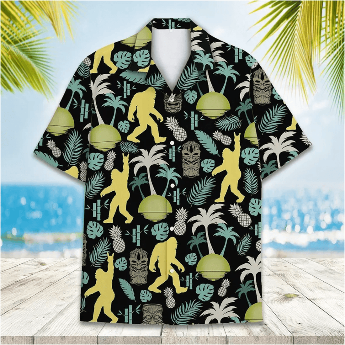 Tropical Bigfoot Tiki Hawaiian Shirt  Sasquatch Aloha Shirt Summer Beach Button Down