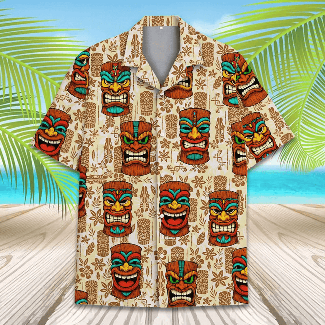 Tiki Mask Hawaiian Shirt  Aloha Beach Vacation Shirt for Men Women Youth Tropical Button Down