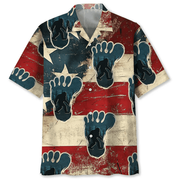 Vintage Bigfoot Hawaiian Shirt USA Flag Sasquatch Footprint Aloha Shirt Patriotic Button Down