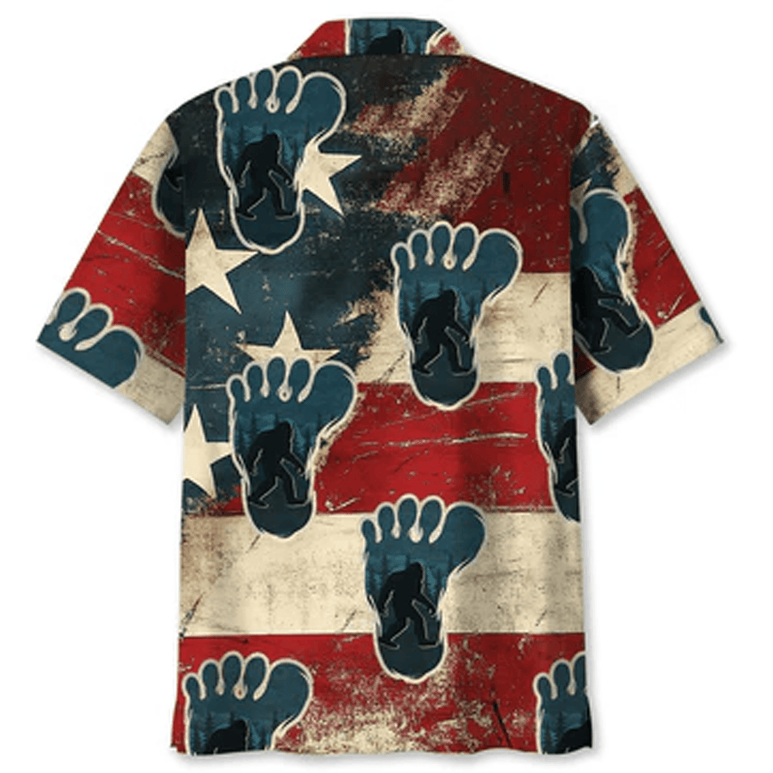 Vintage Bigfoot Hawaiian Shirt USA Flag Sasquatch Footprint Aloha Shirt Patriotic Button Down
