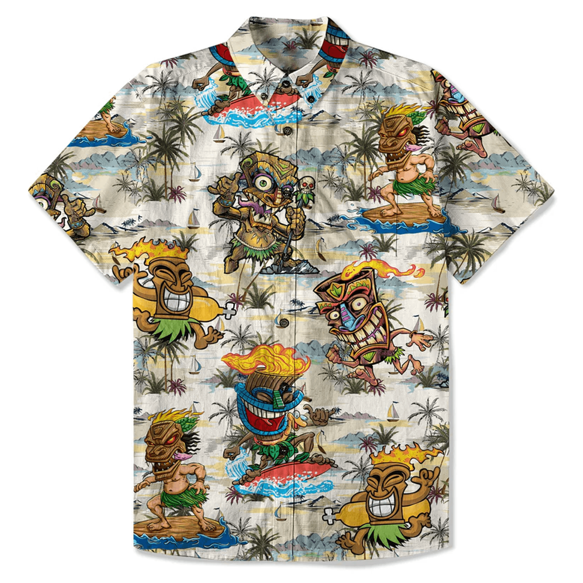 Tiki Mask Hawaiian Shirt  Surfing Tiki Pattern Aloha Shirt Tropical Beach Button Down