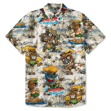 Tiki Mask Hawaiian Shirt  Surfing Tiki Pattern Aloha Shirt Tropical Beach Button Down