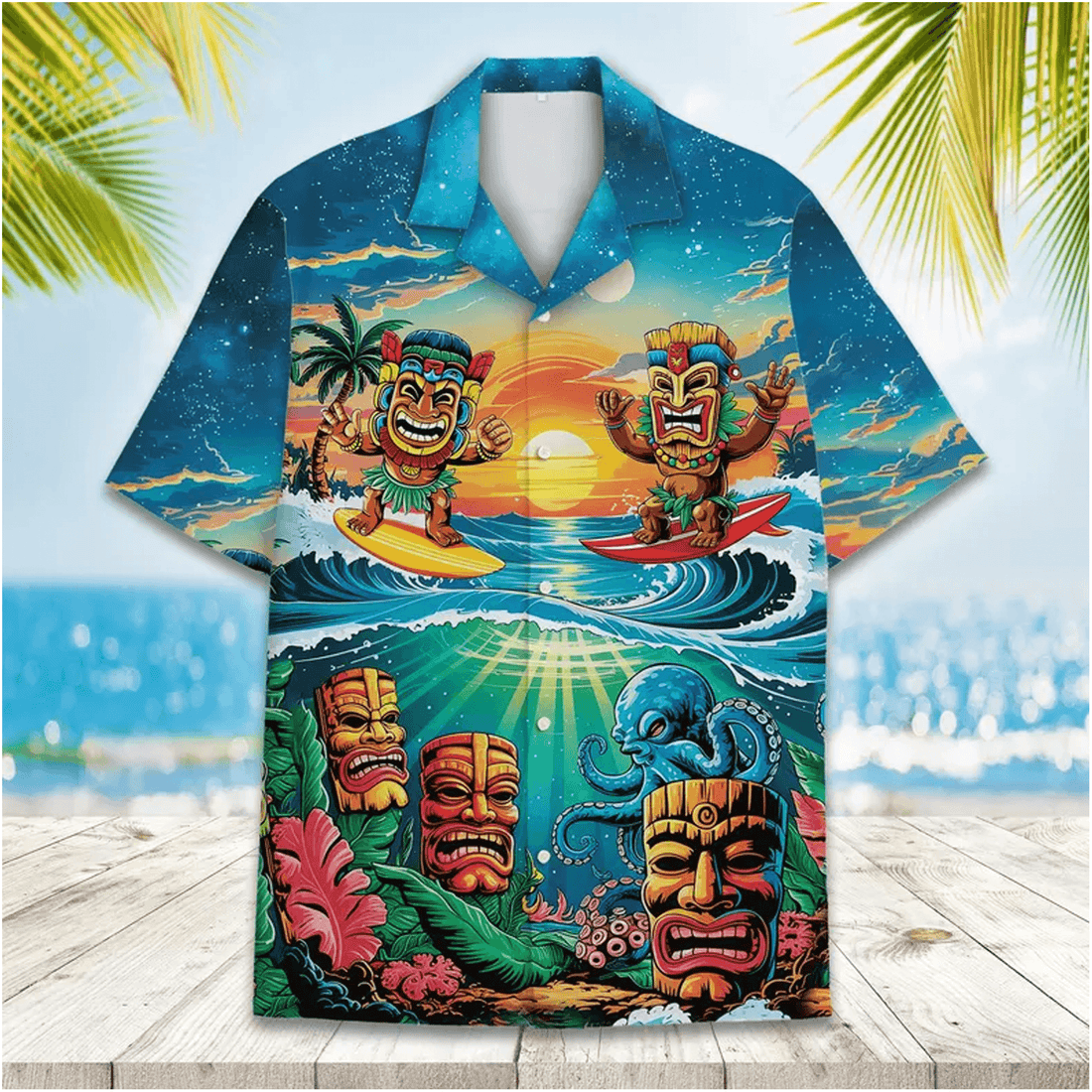 Tiki Surfing Hawaiian Shirt  Tropical Octopus Aloha Shirt Summer Beach Party Button Down for Men Women Youth