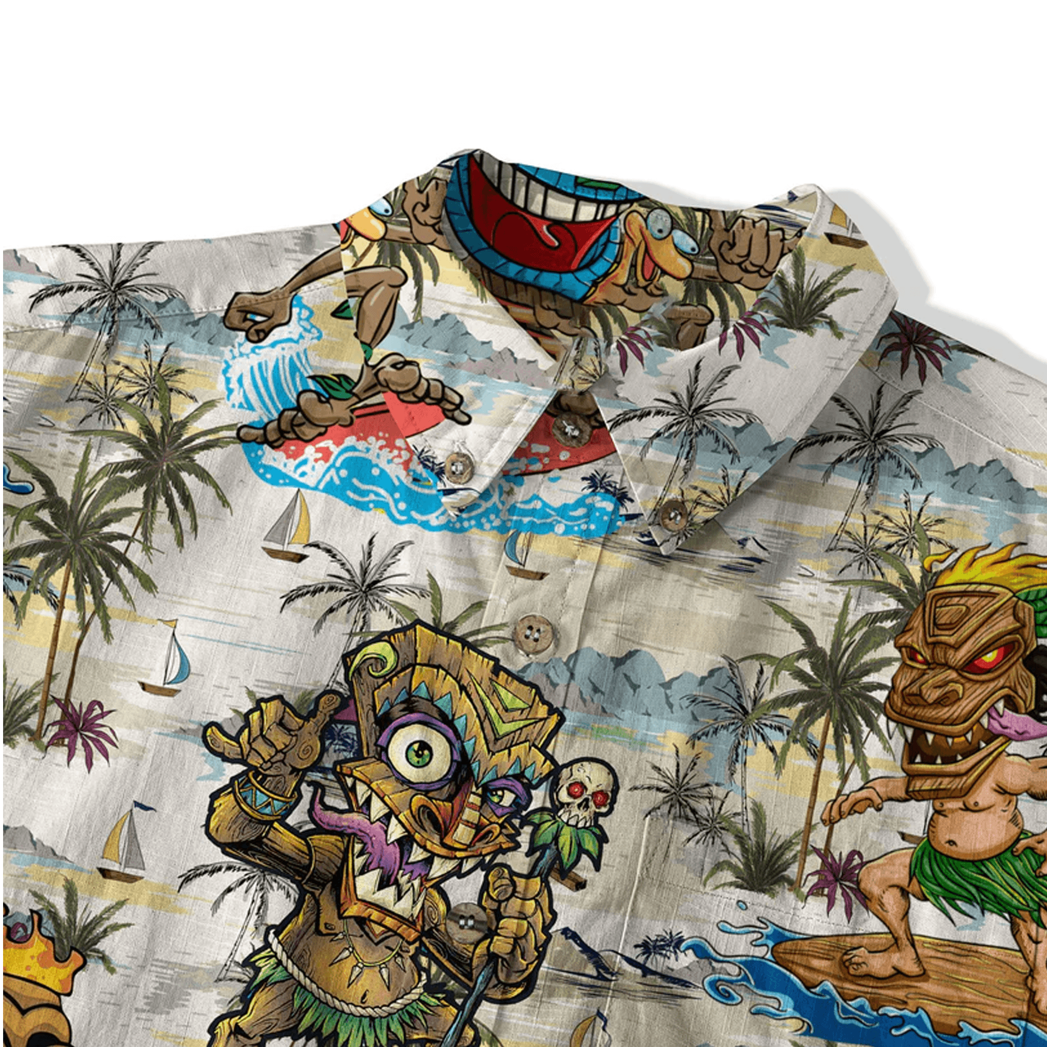 Tiki Mask Hawaiian Shirt  Surfing Tiki Pattern Aloha Shirt Tropical Beach Button Down