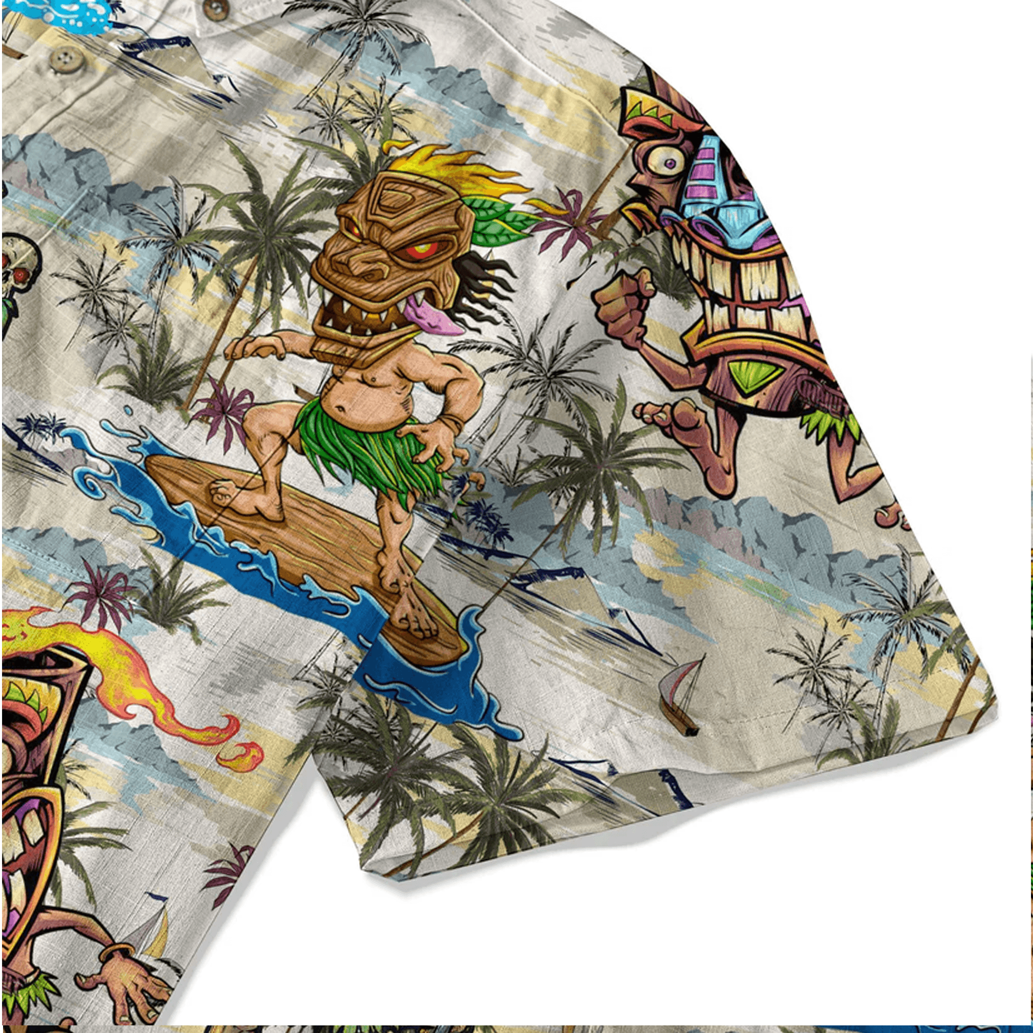 Tiki Mask Hawaiian Shirt  Surfing Tiki Pattern Aloha Shirt Tropical Beach Button Down
