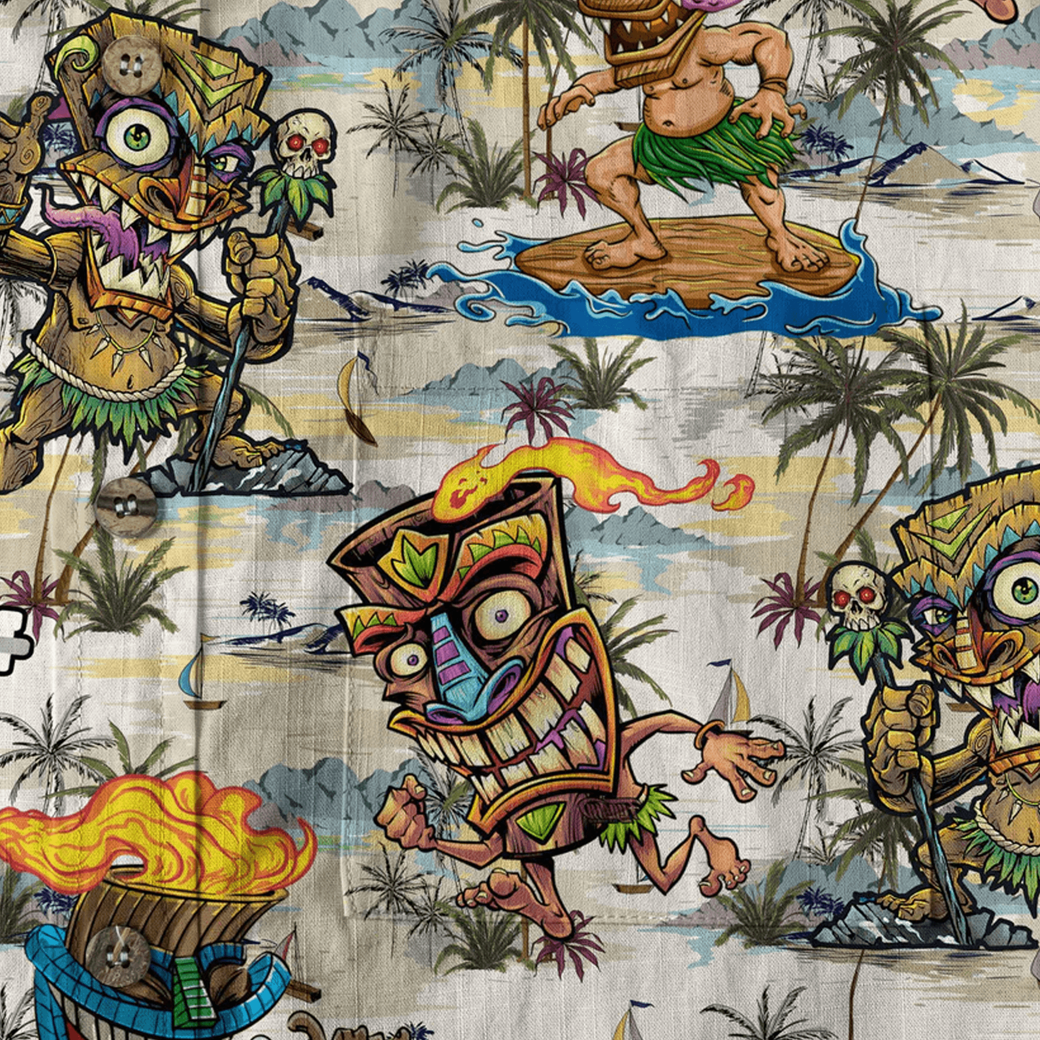 Tiki Mask Hawaiian Shirt  Surfing Tiki Pattern Aloha Shirt Tropical Beach Button Down