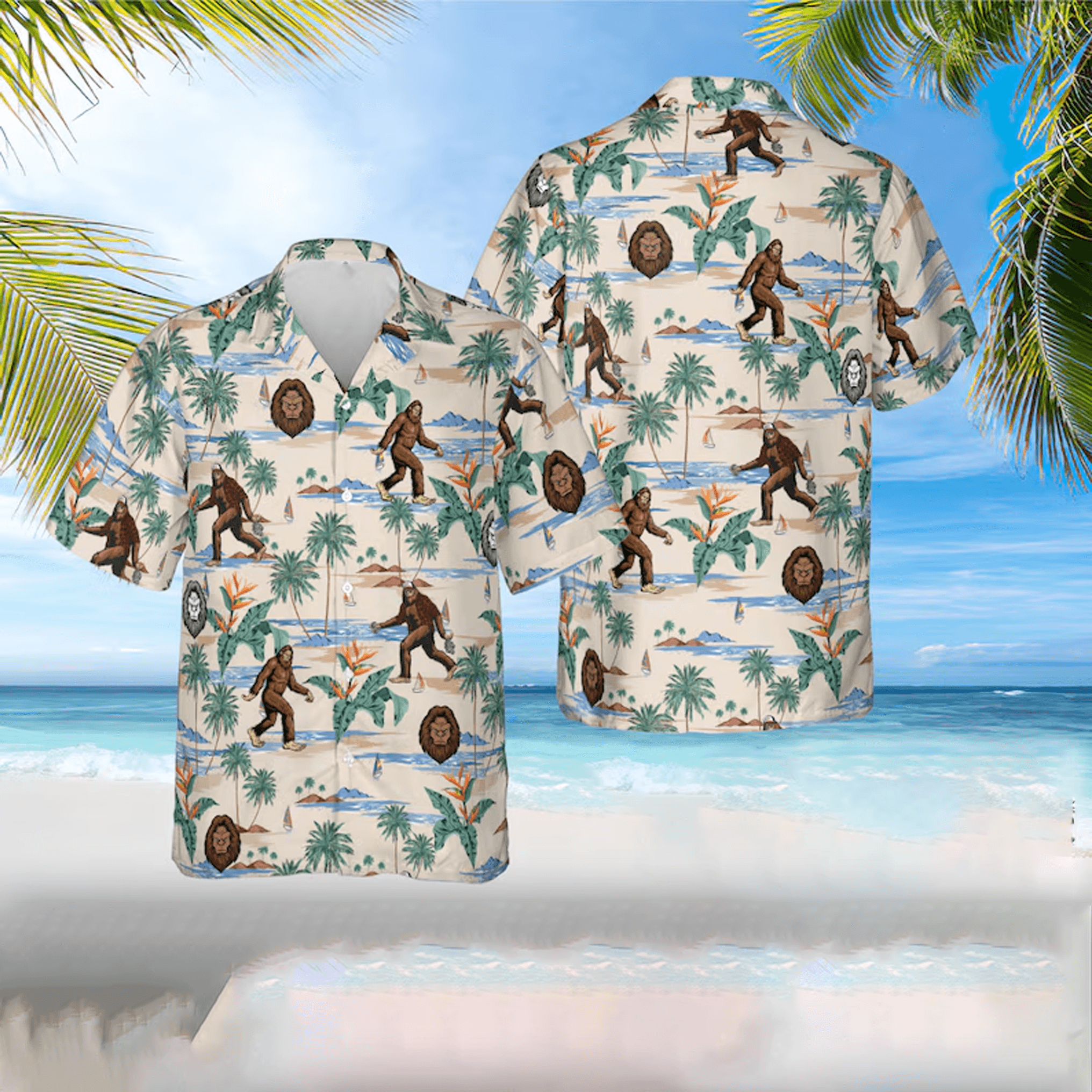 Bigfoot Hawaiian Shirt  Tropical Summer Aloha Shirt Button Down Short Sleeve for Men Women