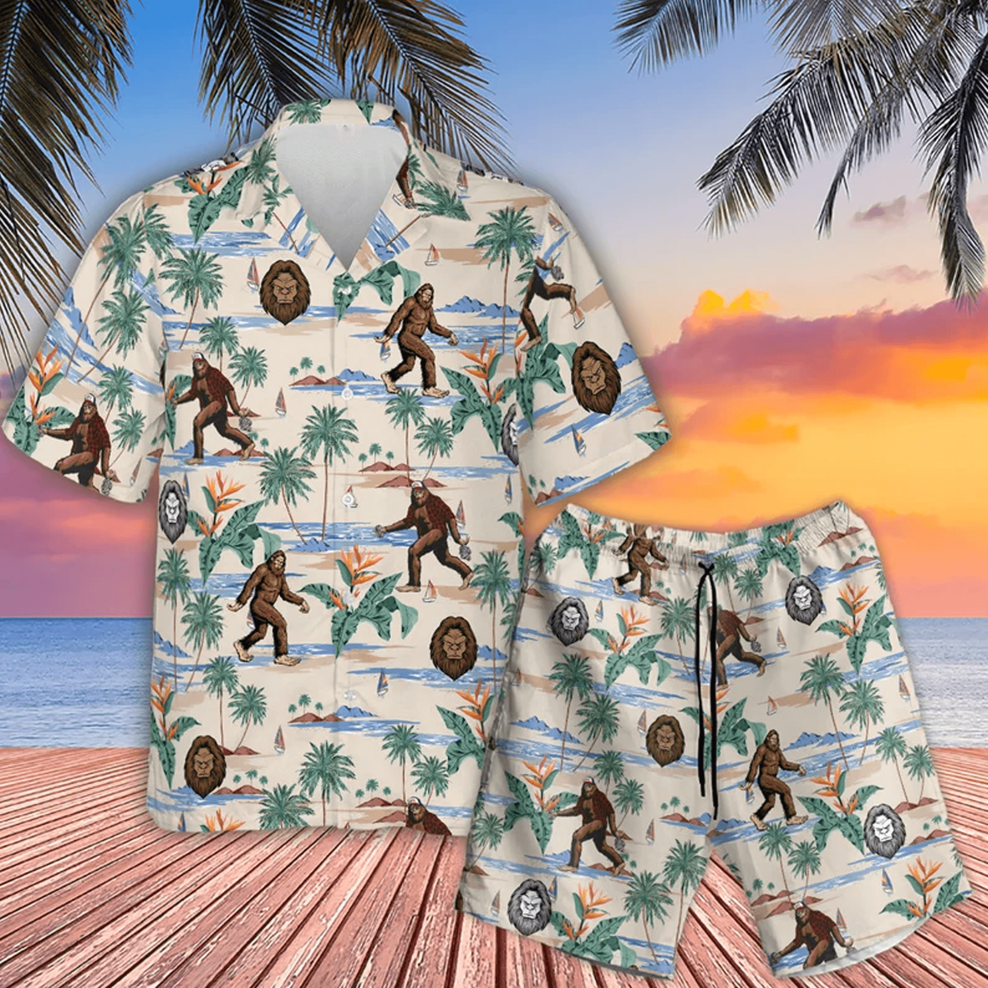 Bigfoot Hawaiian Shirt  Tropical Summer Aloha Shirt Button Down Short Sleeve for Men Women