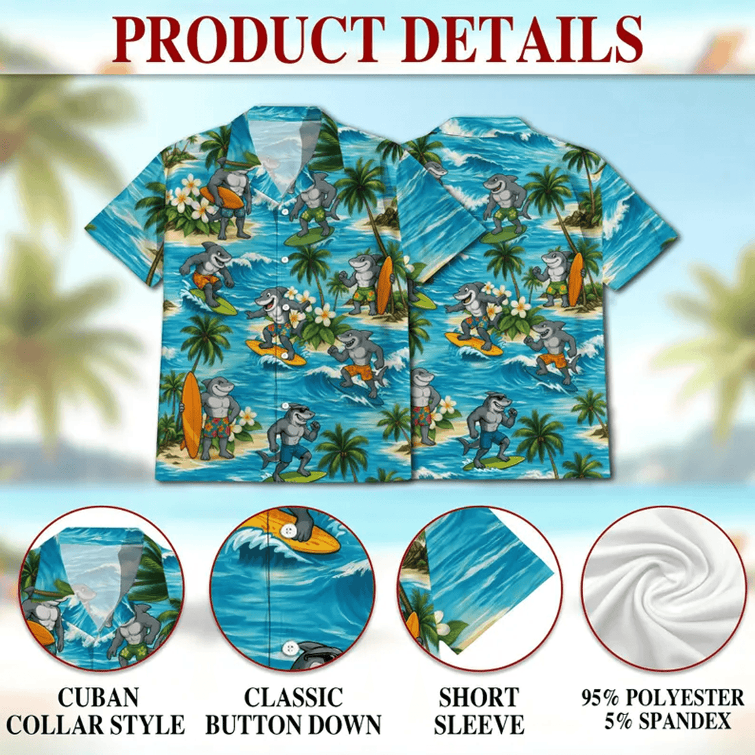 Funny Surfing Shark Hawaiian Shirt Tropical Aloha Button Down Summer Beach Party Shirt