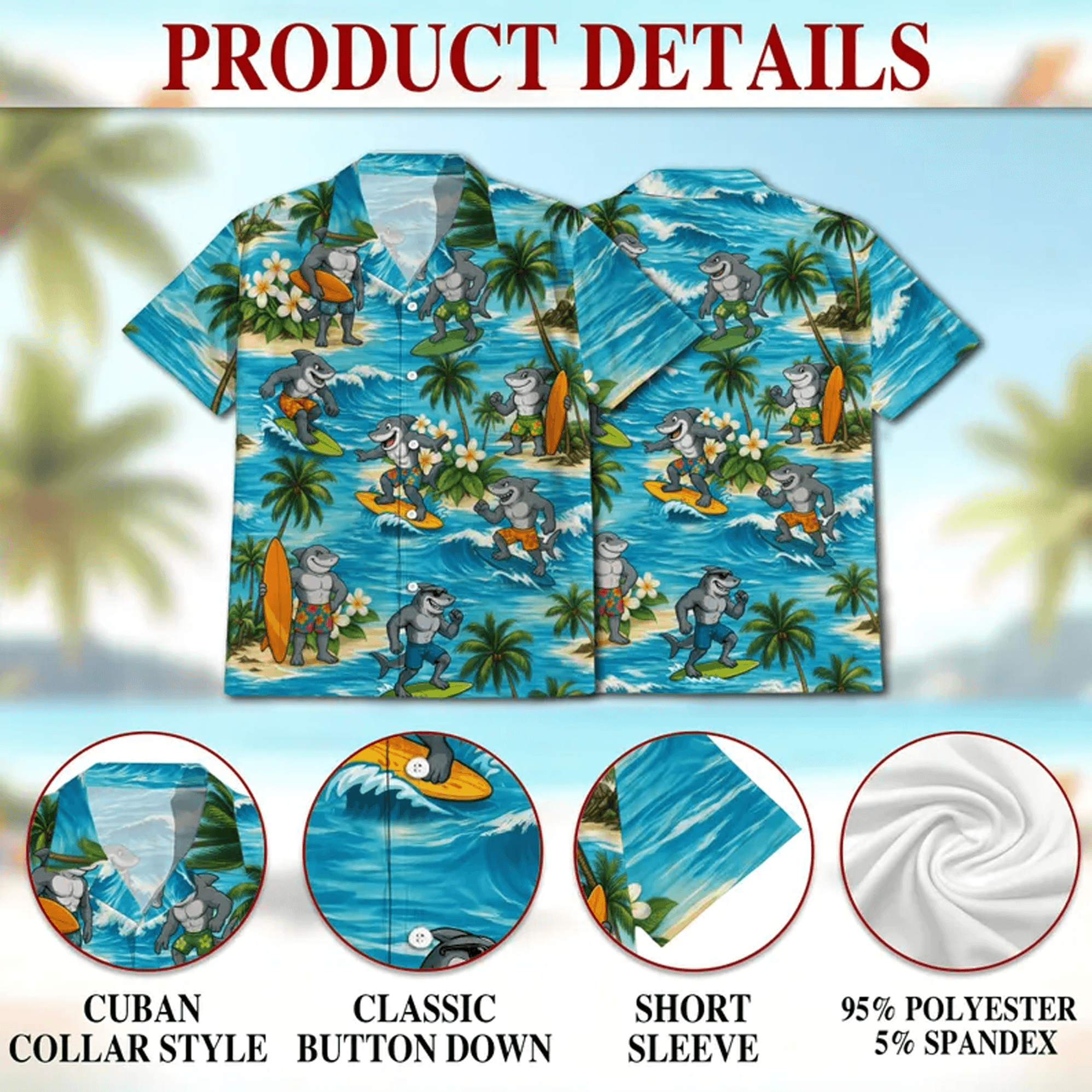 Funny Surfing Shark Hawaiian Shirt Tropical Aloha Button Down Summer Beach Party Shirt