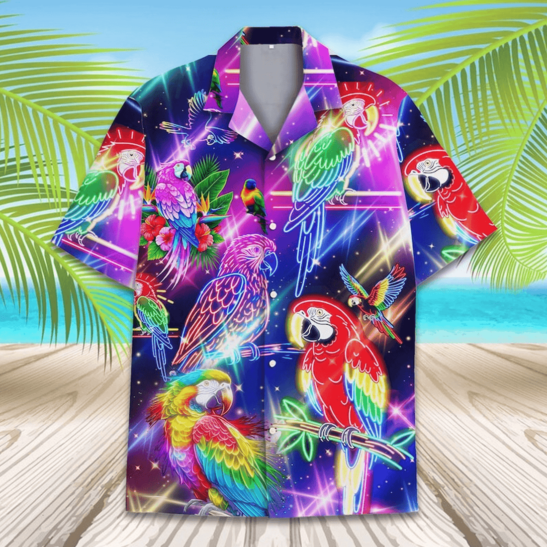 Neon Parrot Hawaiian Shirt  Psychedelic Tropical Bird Aloha Button Down Festival Rave Outfit That Stands Out