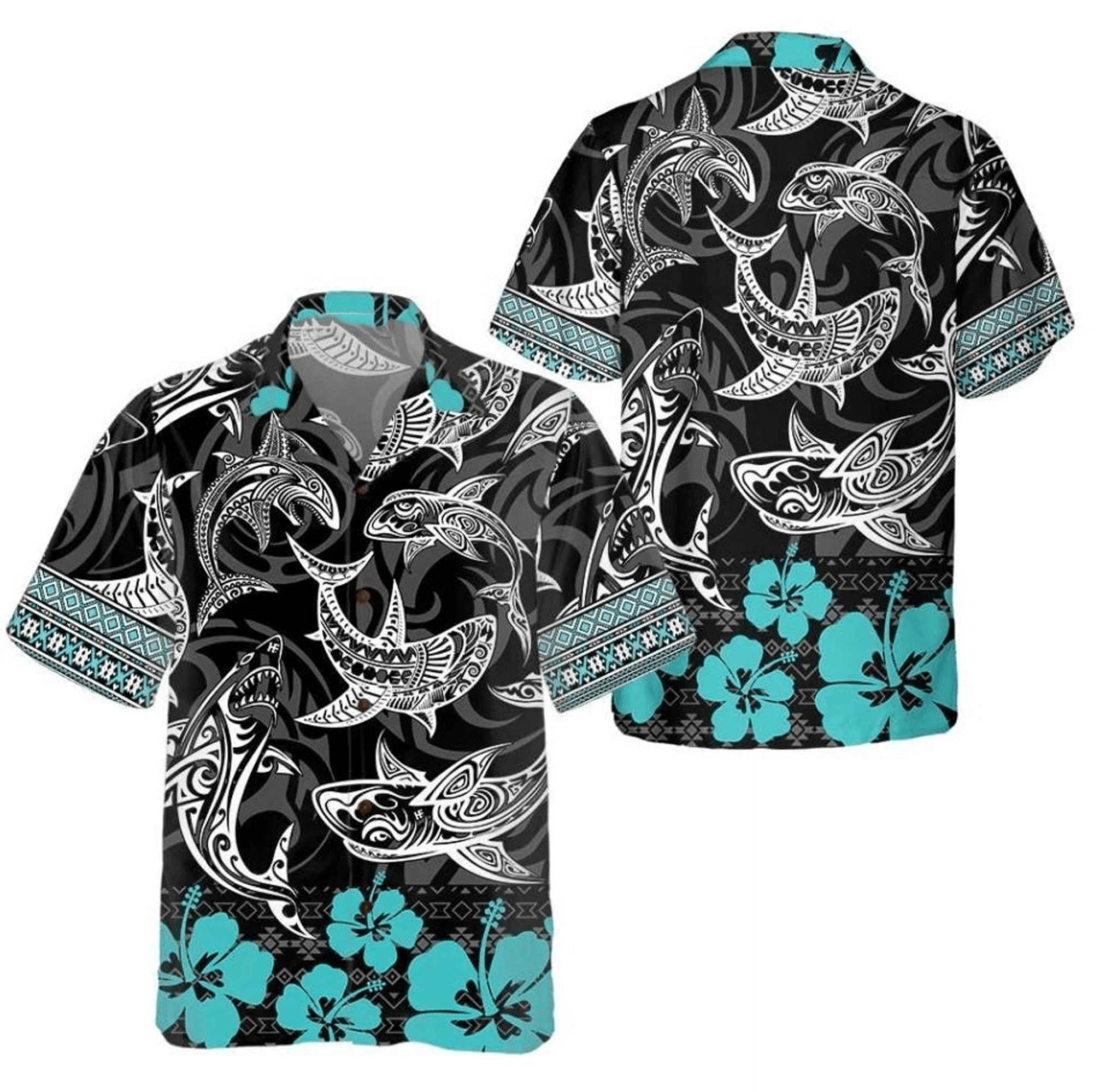 Polynesian Shark Hawaiian Shirt  Tribal Ocean Aloha Button Up Bold Beach Party Shirt for Adults
