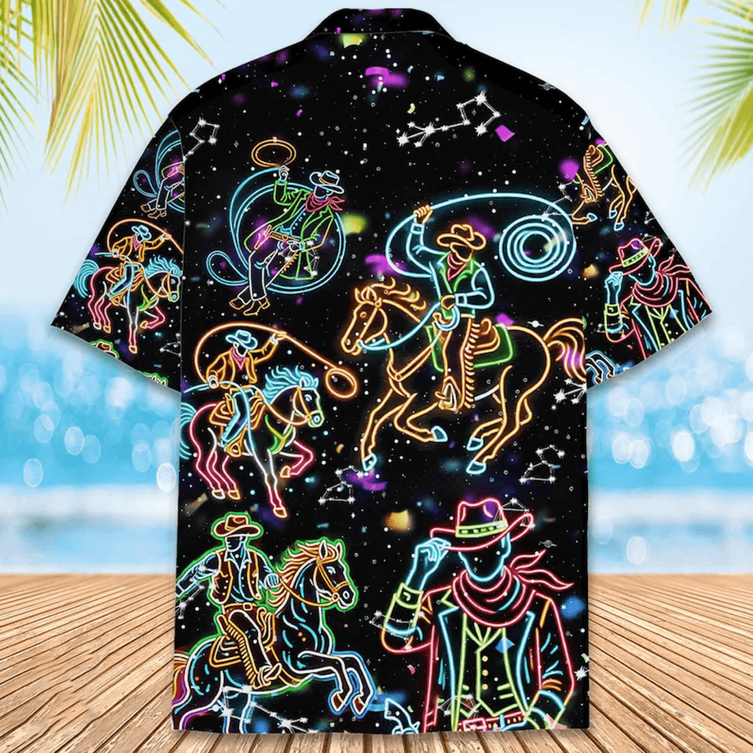 Neon Cowboy Hawaiian Shirt  Western Rodeo Aloha Button Down Festival Party Outfit That Stands Out