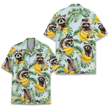 Tropical Raccoon Hawaiian Shirt  Banana Raccoon Aloha Button Down for Men Women Youth
