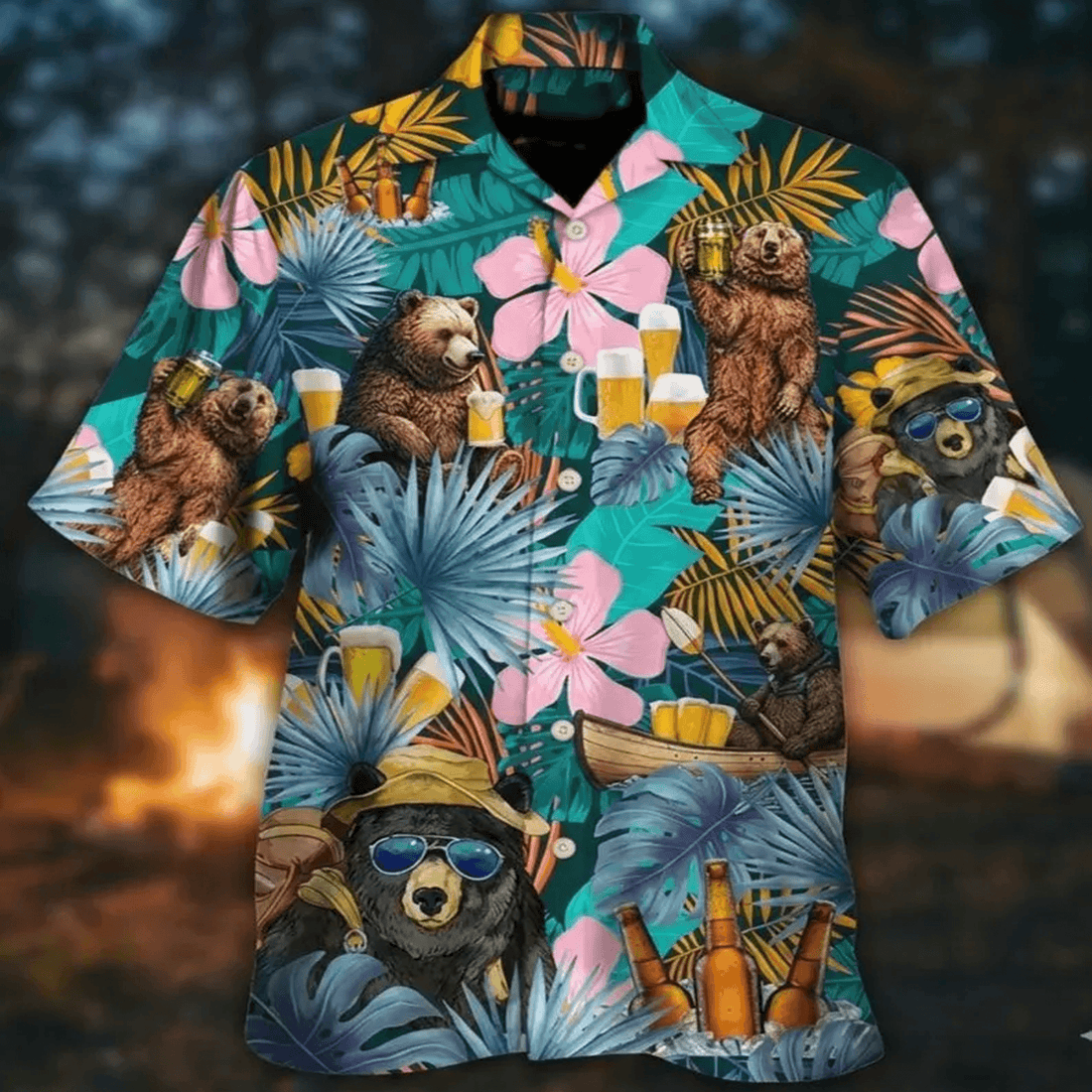 Funny Bear Camping Hawaiian Shirt  “Camping Without Beer Is Just Sitting” Aloha Button Down Summer Drinking Outfit