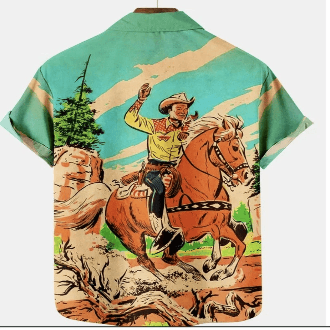 Men’s Cowboy Hawaiian Shirt XL  Western Aloha Button Down Short Sleeve Summer Outfit That Stands Out