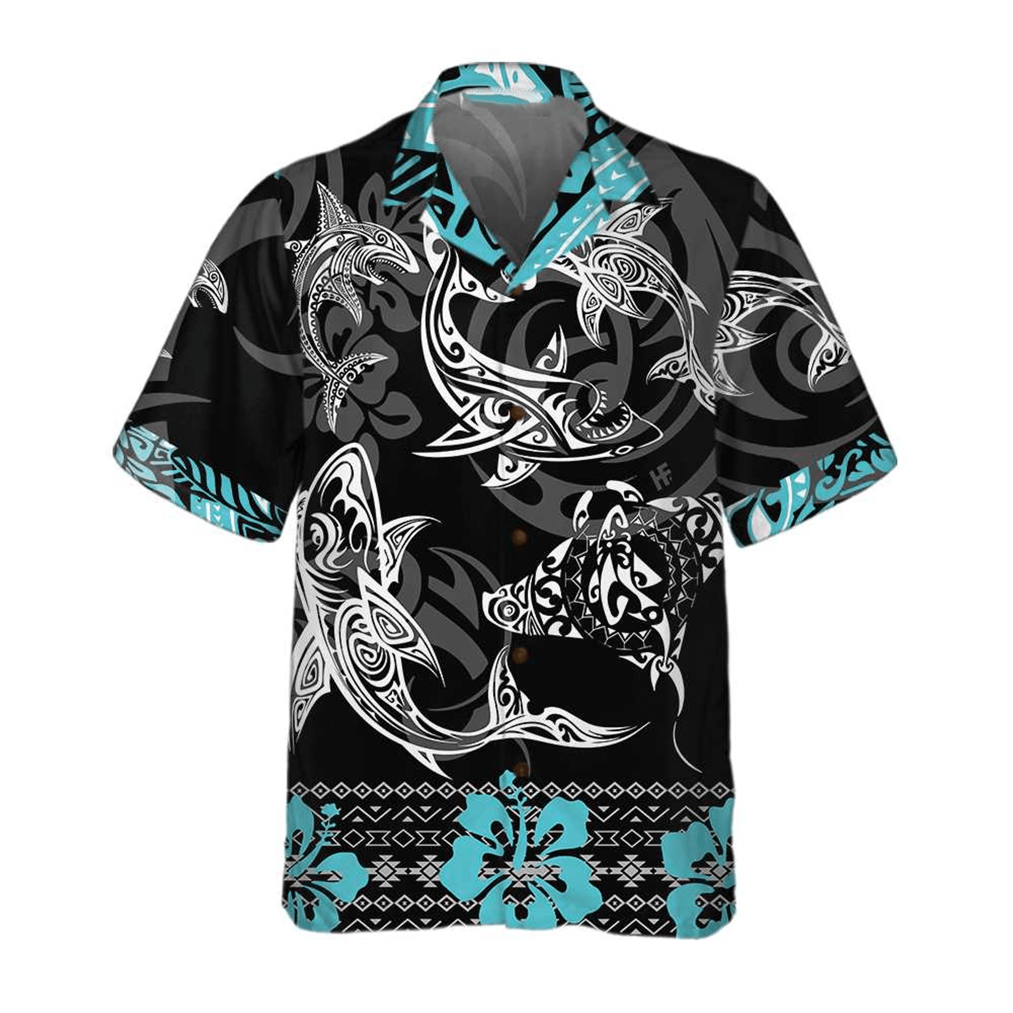 Polynesian Shark Hawaiian Shirt  Tribal Ocean Aloha Button Up Bold Beach Party Shirt for Adults