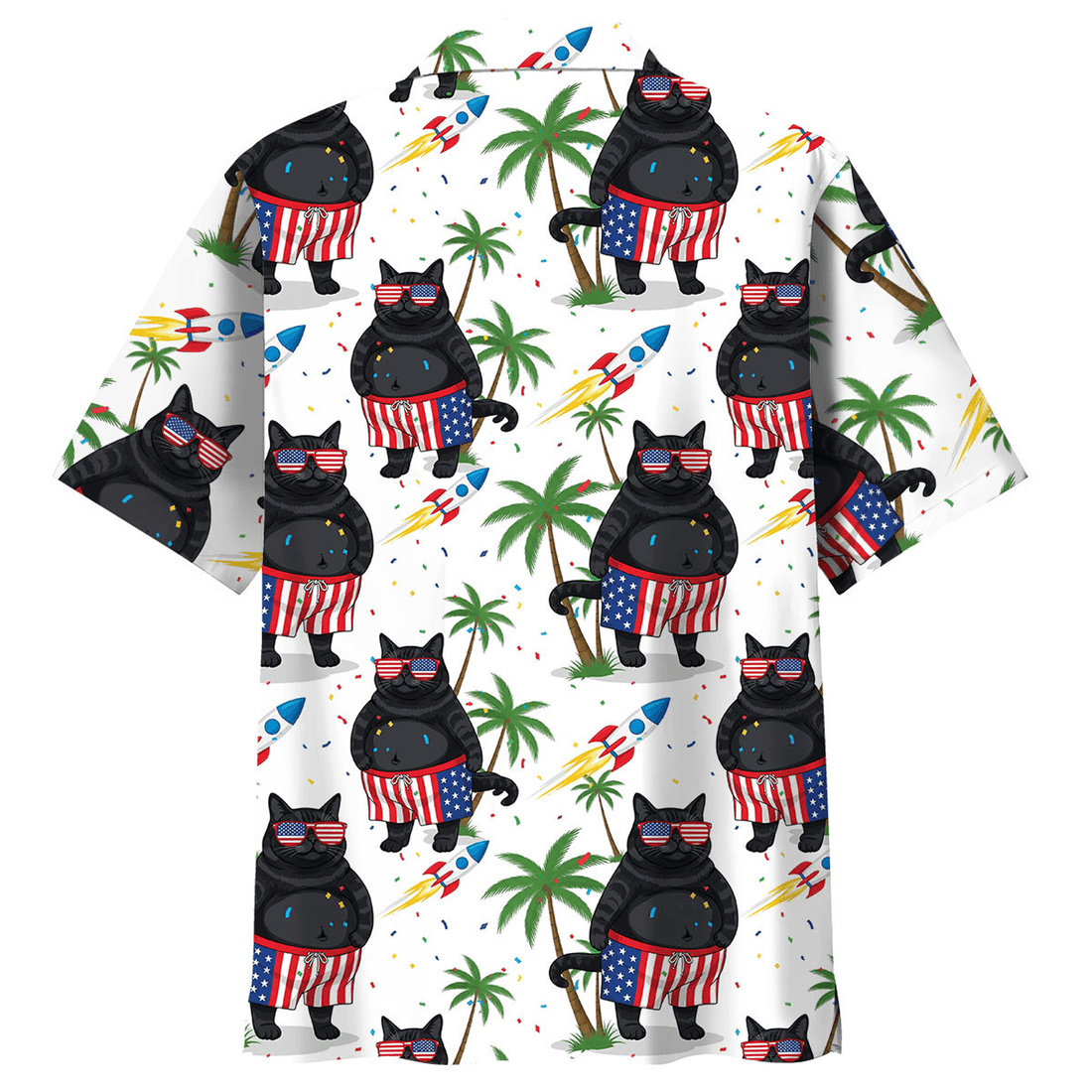 Black Cat Patriotic Hawaiian Shirt  Proud of America Aloha Button Down 4th of July Beach Outfit for Cat Lovers