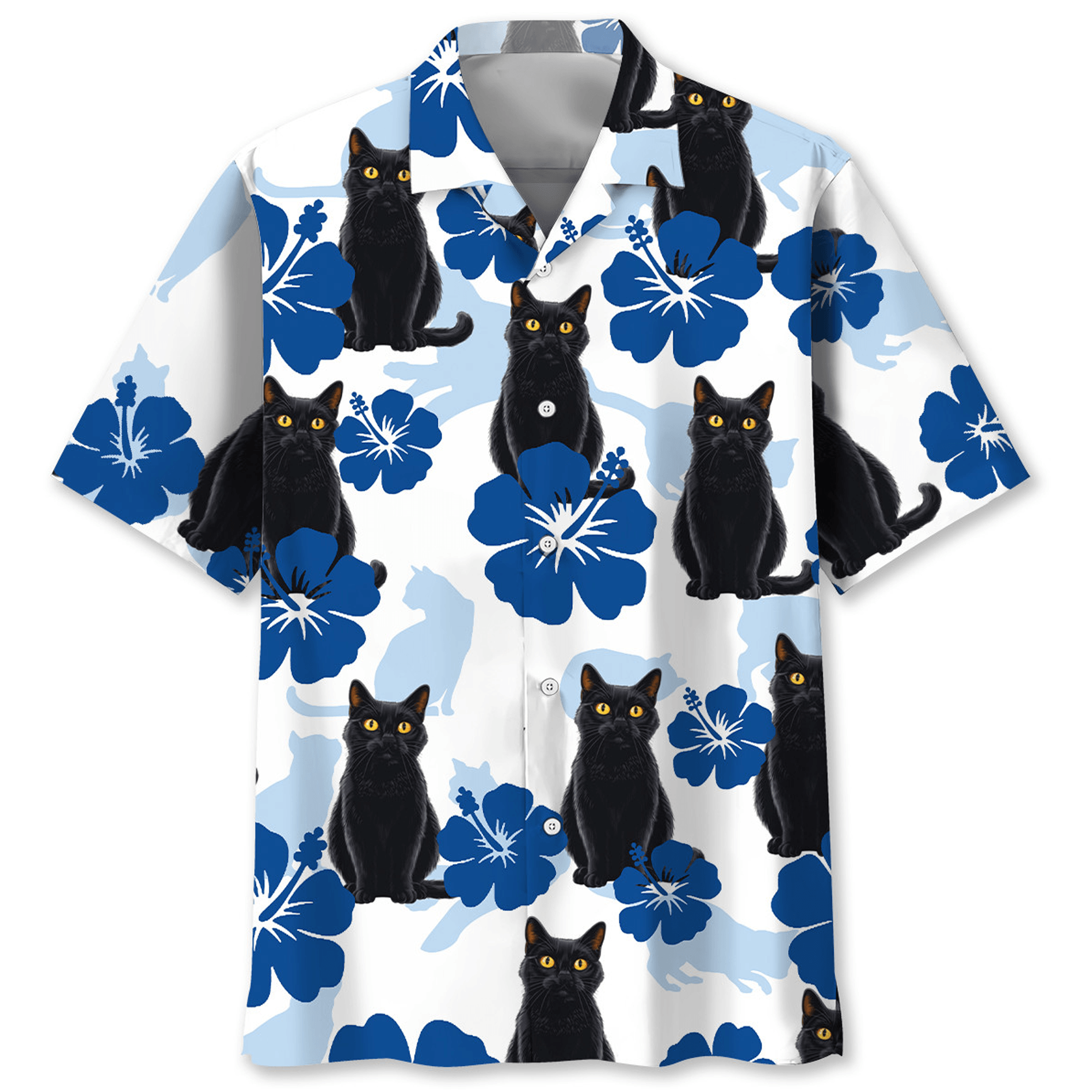 Cute Black Cat Hibiscus Hawaiian Shirt  Tropical Aloha Button Down Summer Beach Outfit for Cat Lovers