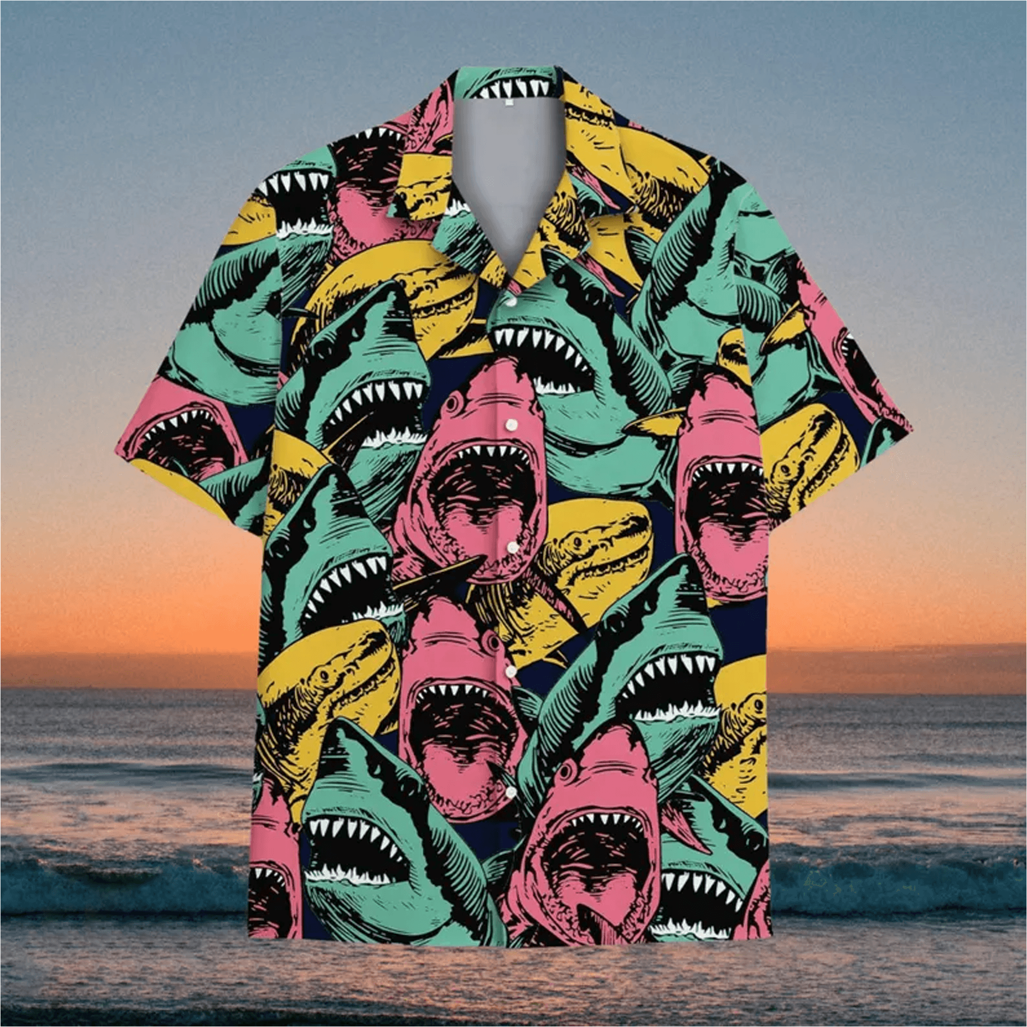 Funny Colorful Shark Hawaiian Shirt  Bright Aloha Button Down Summer Beach Party Shirt That Stands Out