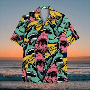 Funny Colorful Shark Hawaiian Shirt  Bright Aloha Button Down Summer Beach Party Shirt That Stands Out