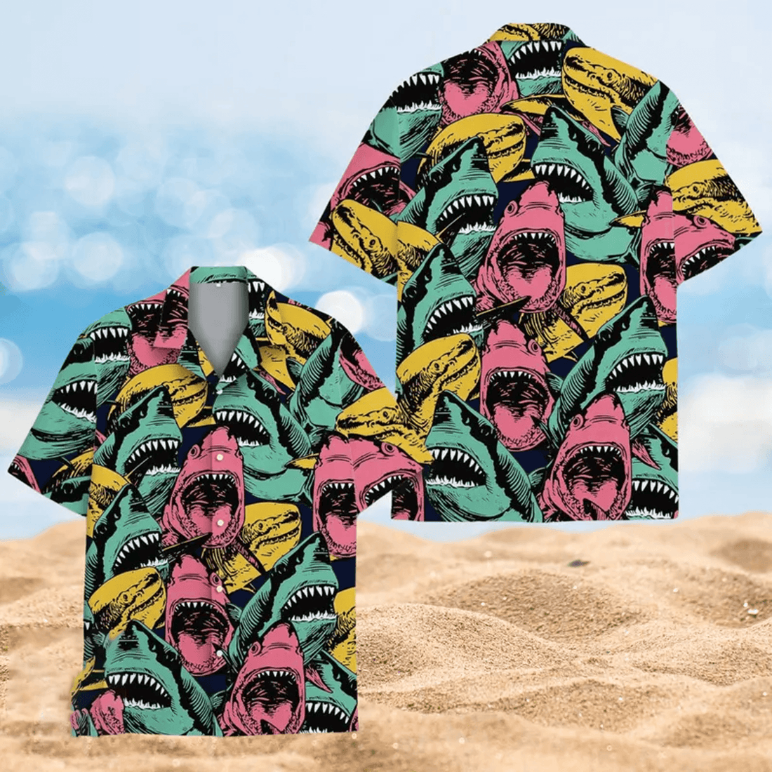 Funny Colorful Shark Hawaiian Shirt  Bright Aloha Button Down Summer Beach Party Shirt That Stands Out
