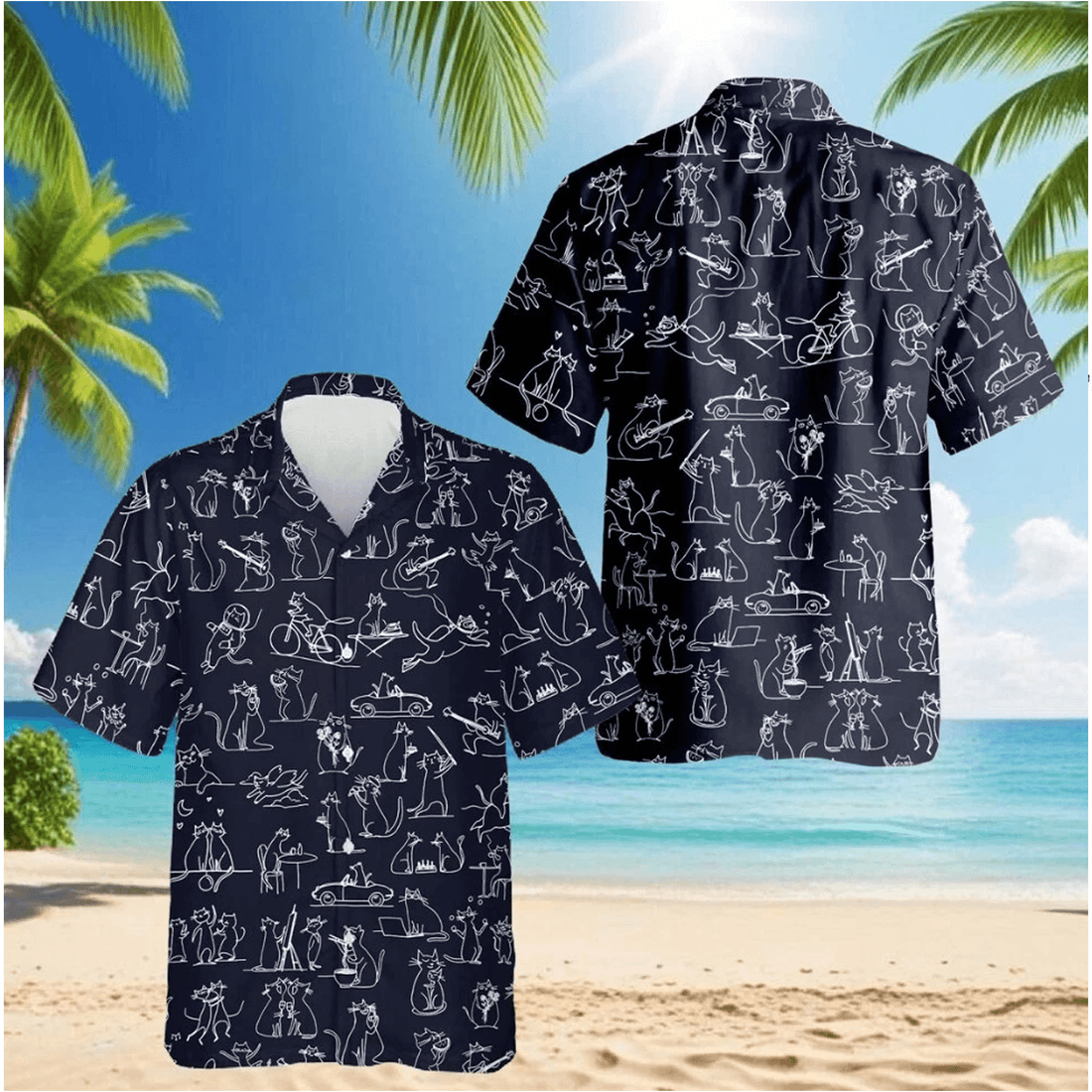 Cartoon Cat Hawaii Shirt Cat Doodle Tropical Hawaii Shirt Black Cat Button Shirt