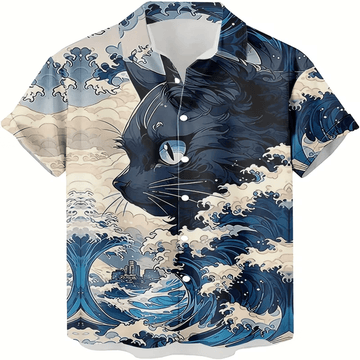 Great Wave Off Kanagawa Black Cat Hawaiian Shirt  Japanese Art Aloha Button Down for Cat Lovers & Art Fans