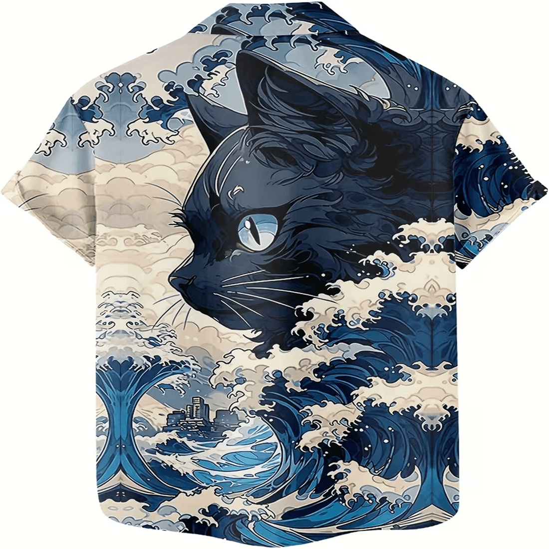Great Wave Off Kanagawa Black Cat Hawaiian Shirt  Japanese Art Aloha Button Down for Cat Lovers & Art Fans