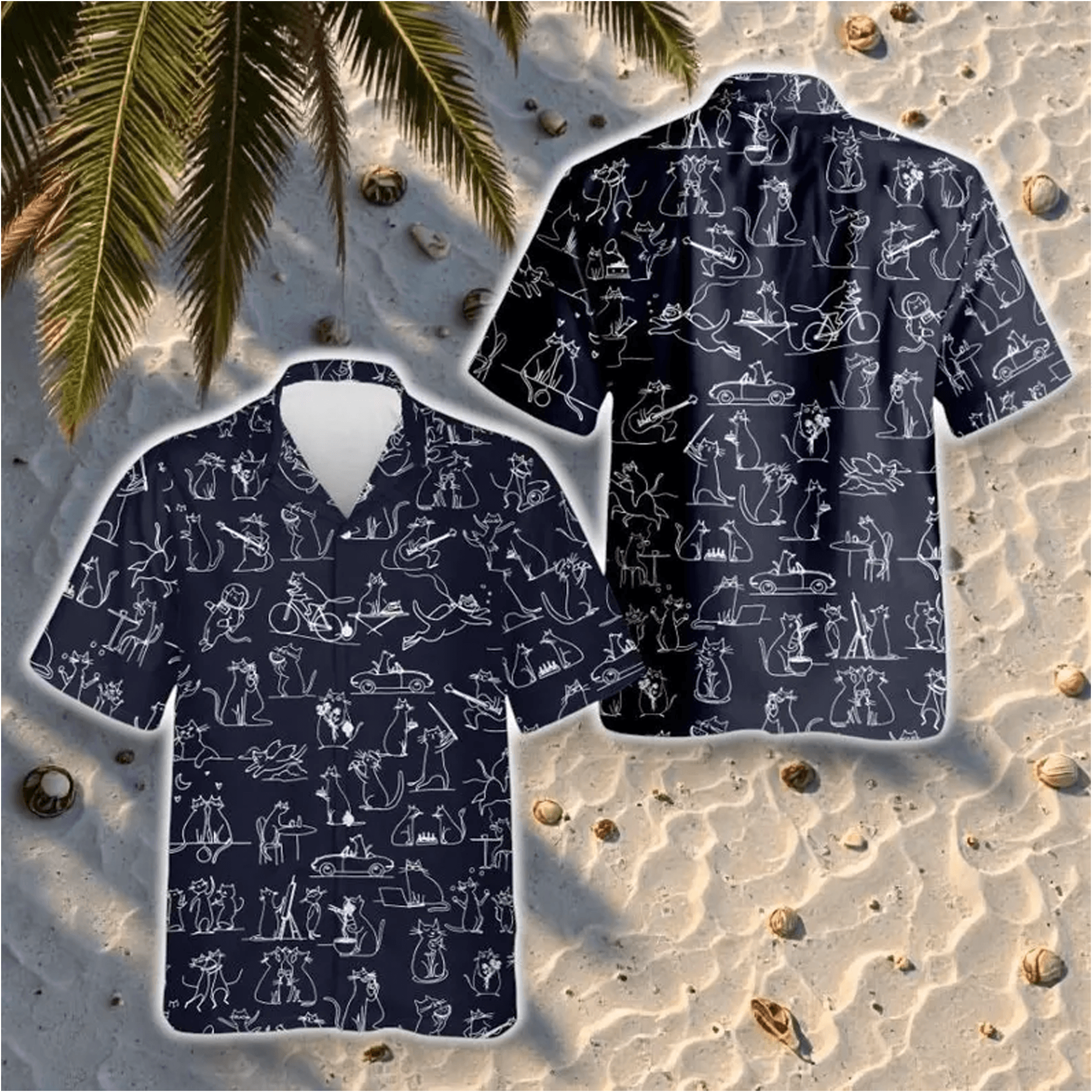 Cartoon Cat Hawaii Shirt Cat Doodle Tropical Hawaii Shirt Black Cat Button Shirt