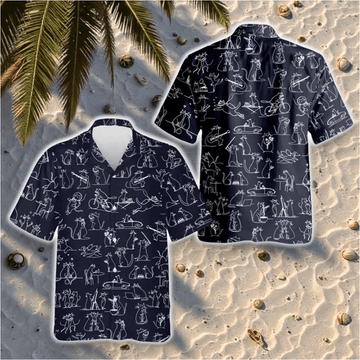 Cartoon Cat Hawaii Shirt Cat Doodle Tropical Hawaii Shirt Black Cat Button Shirt
