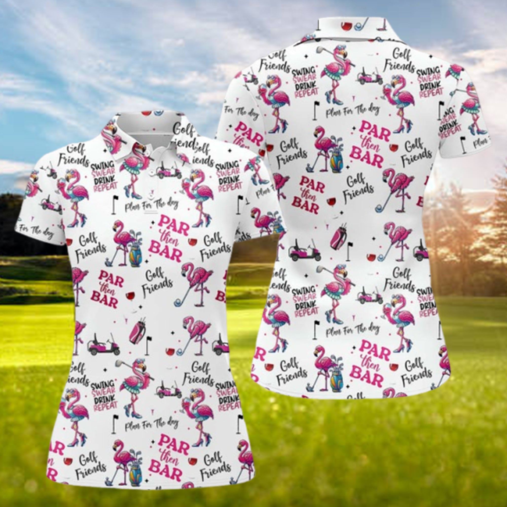 Par Then Bar Flamingo Funny Women’s Golf Polo Shirt, Custom Ladies Golf Shirt, Cute Flamingo Golf Outfit, Golf Gift for Her