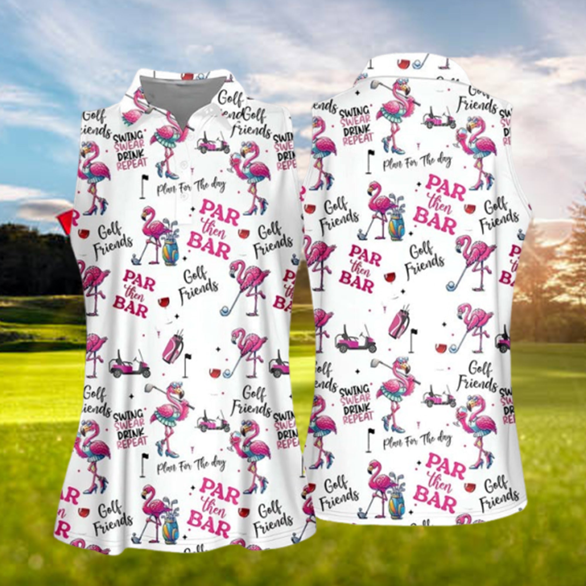 Par Then Bar Flamingo Funny Women’s Golf Polo Shirt, Custom Ladies Golf Shirt, Cute Flamingo Golf Outfit, Golf Gift for Her