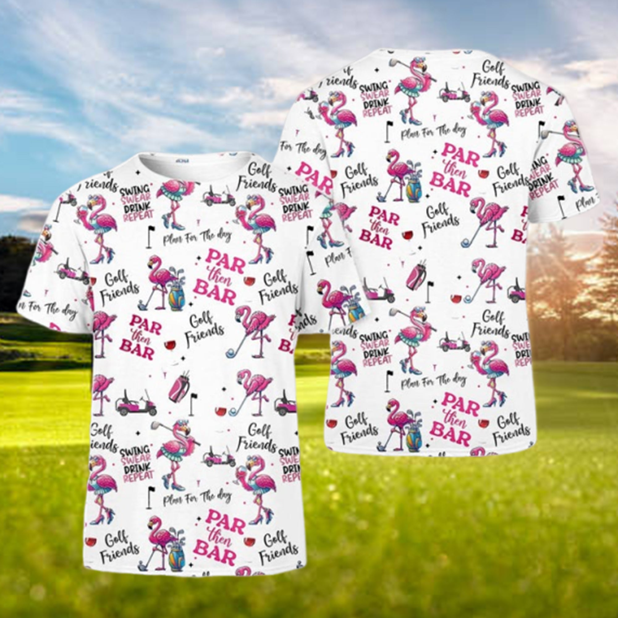 Par Then Bar Flamingo Funny Women’s Golf Polo Shirt, Custom Ladies Golf Shirt, Cute Flamingo Golf Outfit, Golf Gift for Her