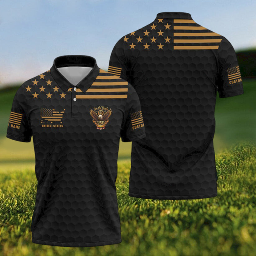 Patriotic We The People 250 Years Golf Shirt, Black Golf Ball Pattern Polo, 4th Of July Polo For Men