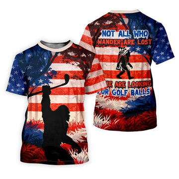 Bigfoot Golf Polo Shirt for Men Funny, Not All Who Wander Are Lost, 250th Patriotic Golf Shirt, USA Golfer Gift