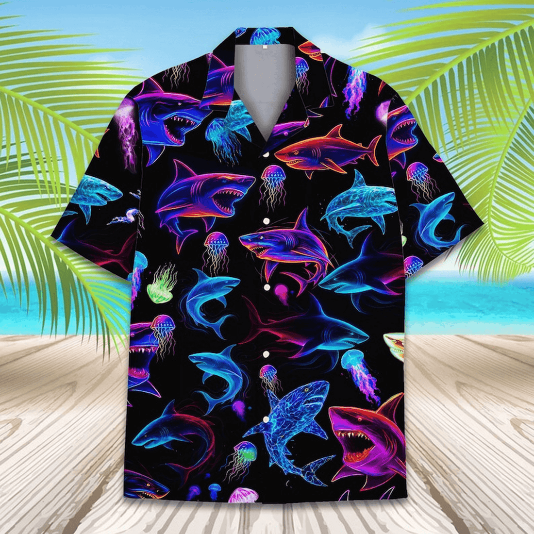 Neon Shark Hawaiian Shirt Cyberpunk Glow Aloha Button Up Festival Rave Beach Shirt That Stands Out