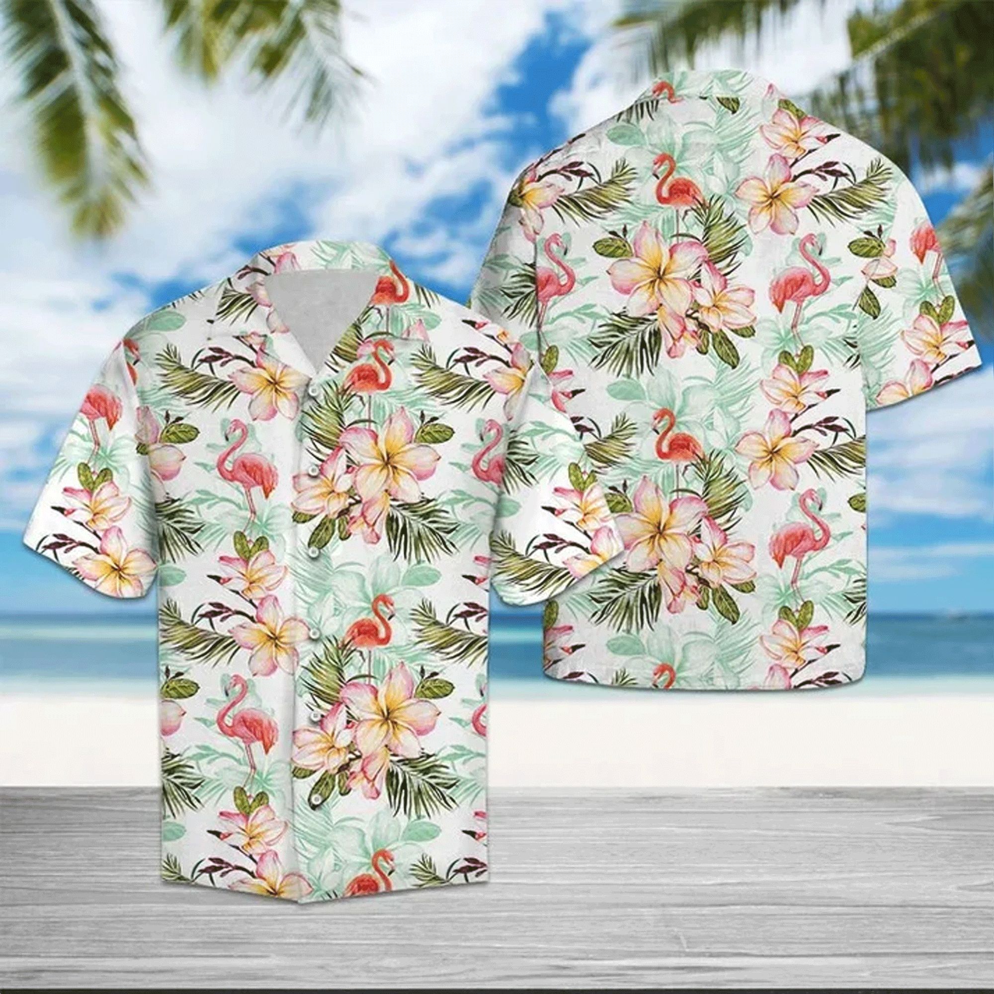 White Flamingo Frangipani Hawaiian Shirt  Tropical Aloha Button Down Summer Beach Outfit That Stands Out