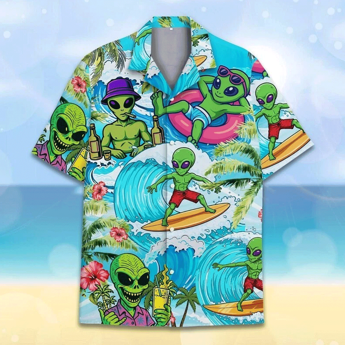 Funny Surfing Alien Hawaiian Shirt Tropical Aloha Button Down Summer Beach Outfit That Stands Out