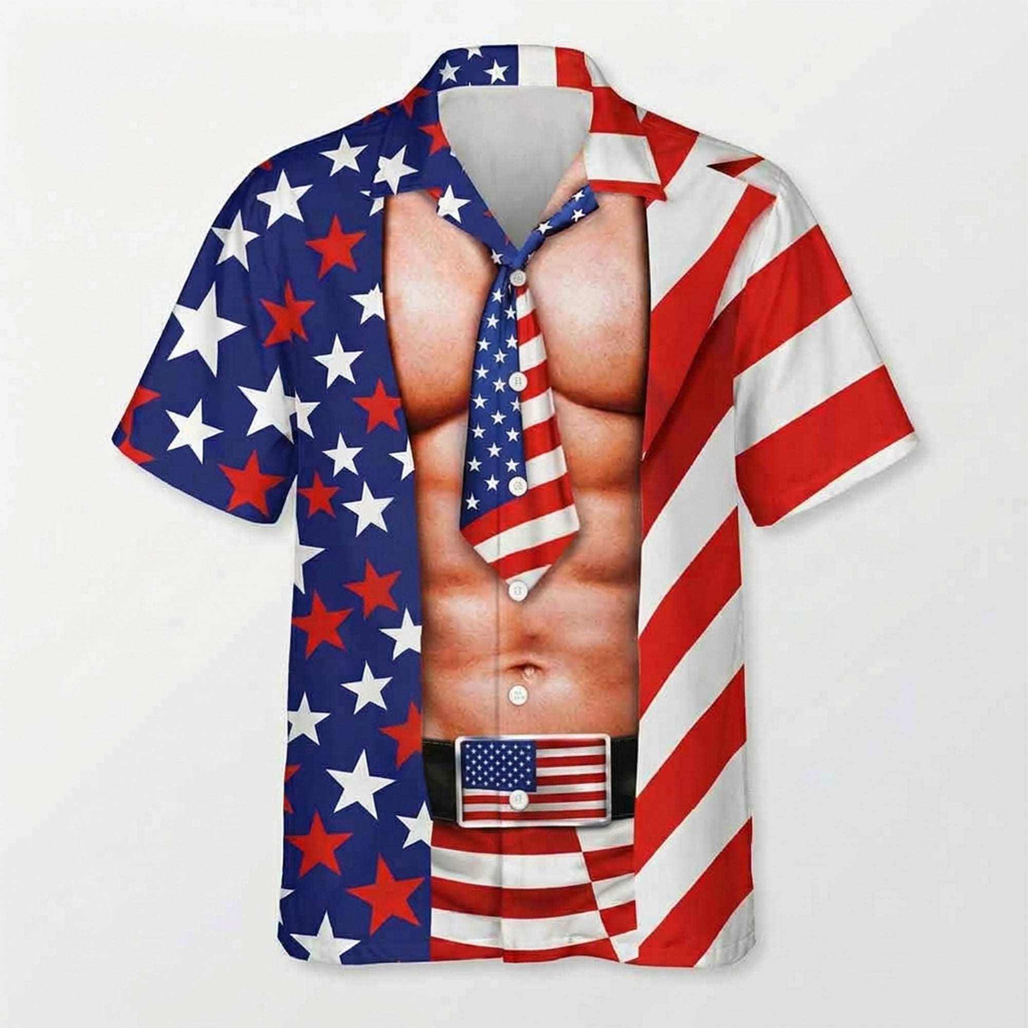 Funny Muscle American Flag Hawaiian Shirt, Patriotic USA Aloha Shirt, 4th of July Beach Party Shirt for Men