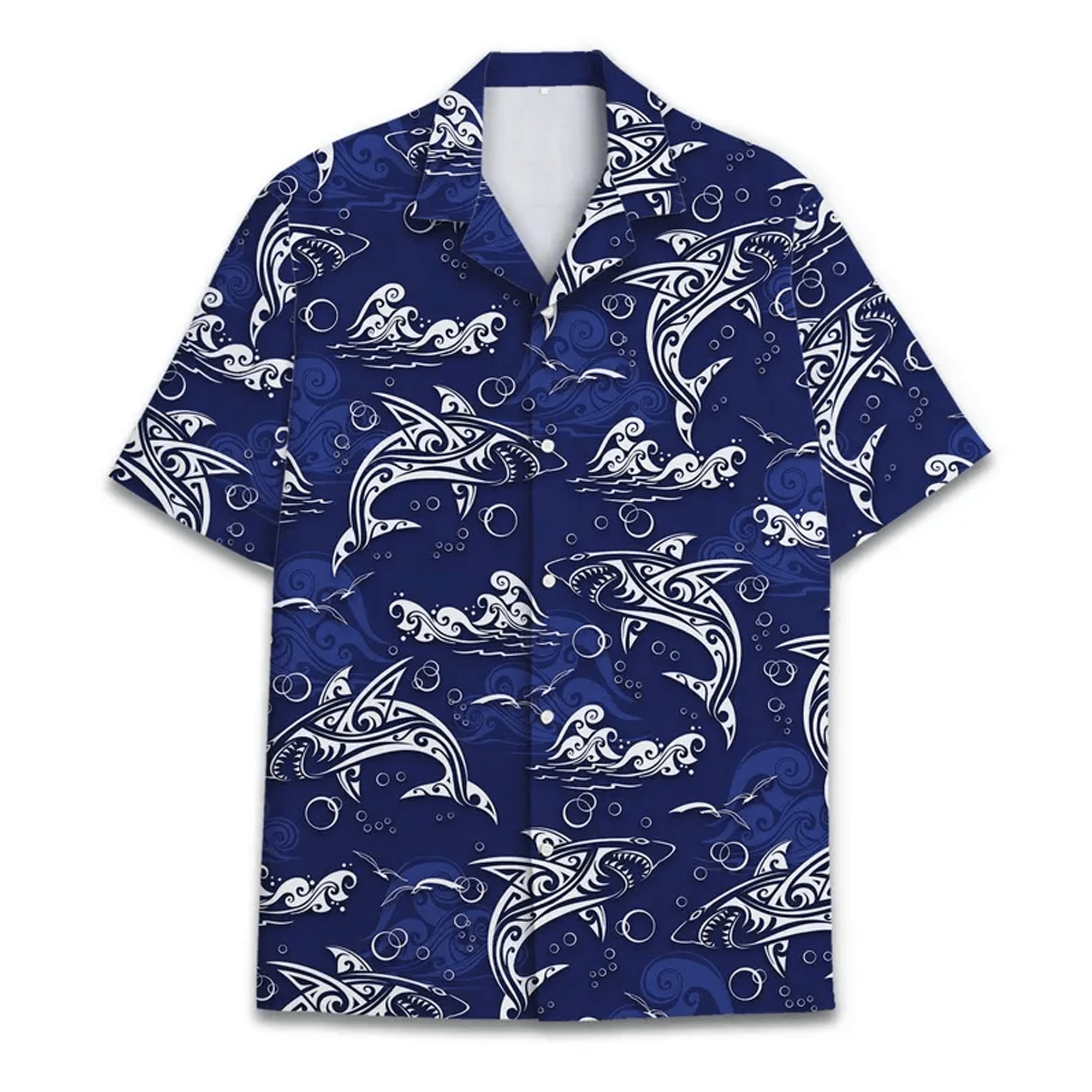 Mens Shark Hawaiian Shirt Retro Surfing Print Blue Ocean Tropical Aloha Button Up