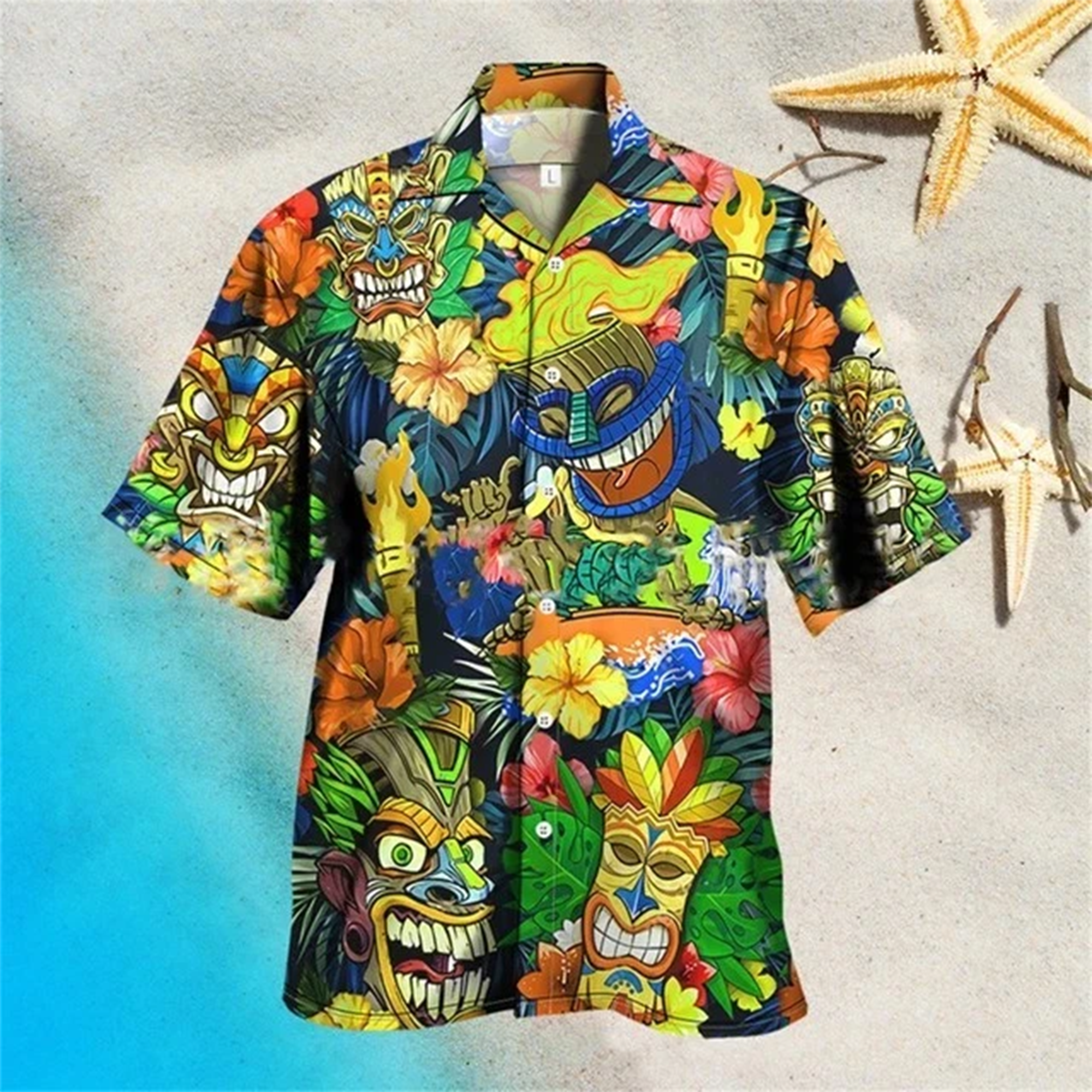 Mens Ugly Hawaiian Shirt, Funny Tiki Mask Floral Aloha Shirt