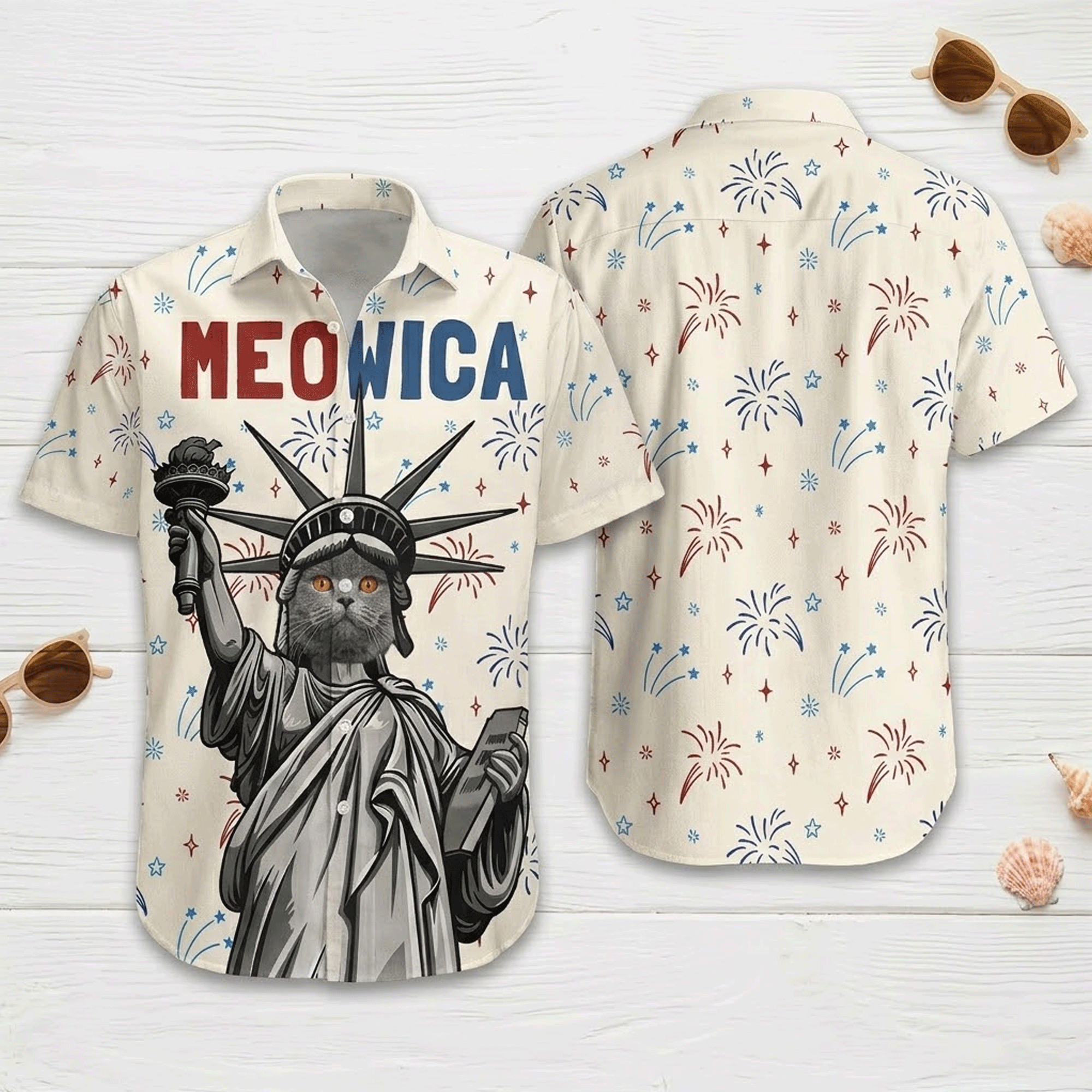Meowica Personalized Hawaiian Shirt  Custom Cat Photo Aloha Button Down Patriotic Pet Lover Gift