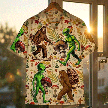 Funny Bigfoot Alien Hawaiian Shirt  Mushroom Aloha Button Down Summer Beach Outfit That Stands Out