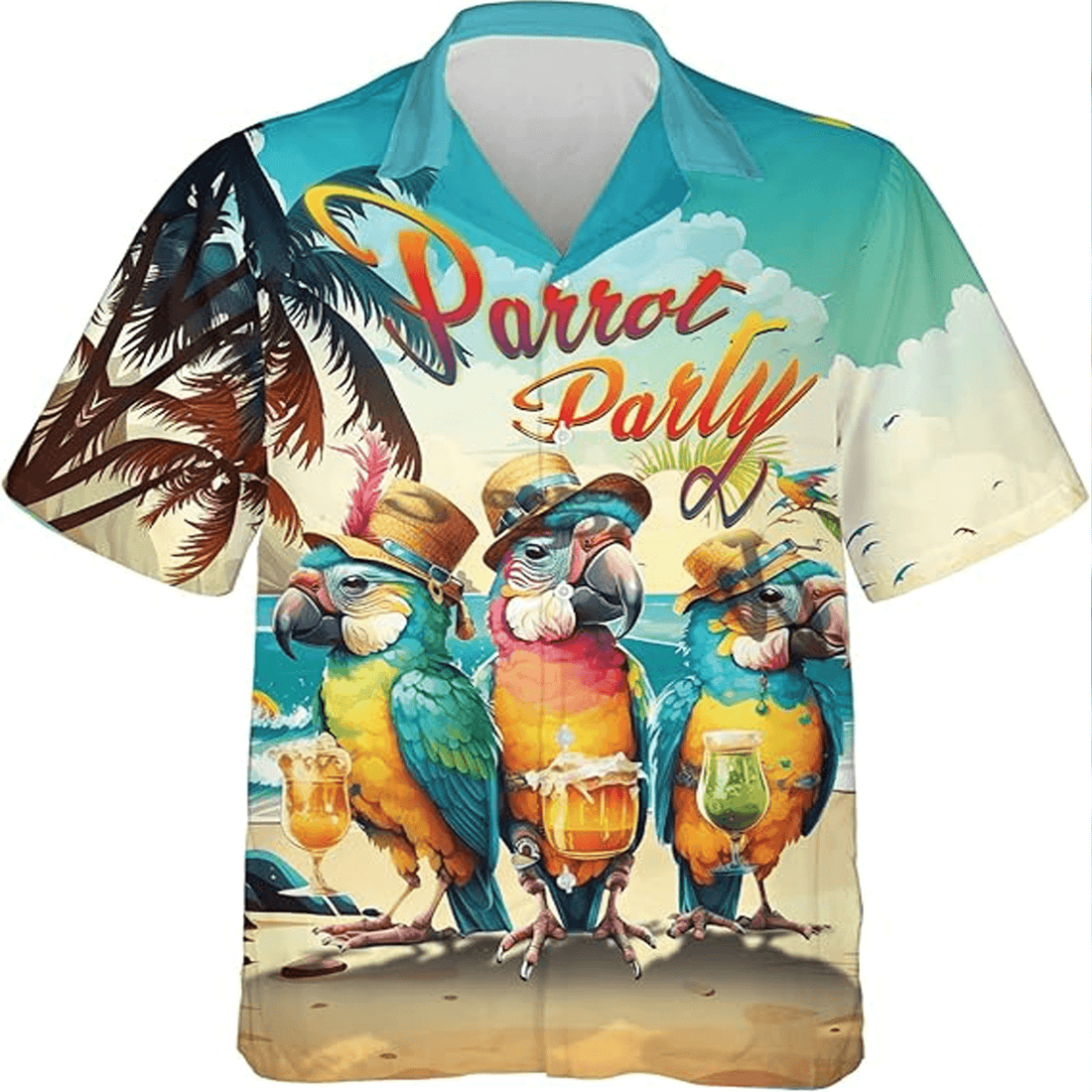 Colorful Parrot Party Hawaiian Shirt  Tropical Aloha Button Down Summer Beach Party Outfit That Gets Compliments